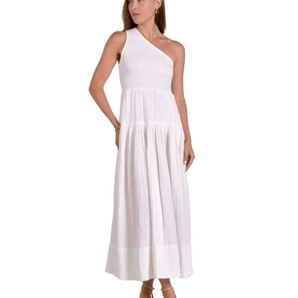 Elan Gracie Maxi Dress Women S White‎ One Shoulder Smocked Tiered Gauze Summer